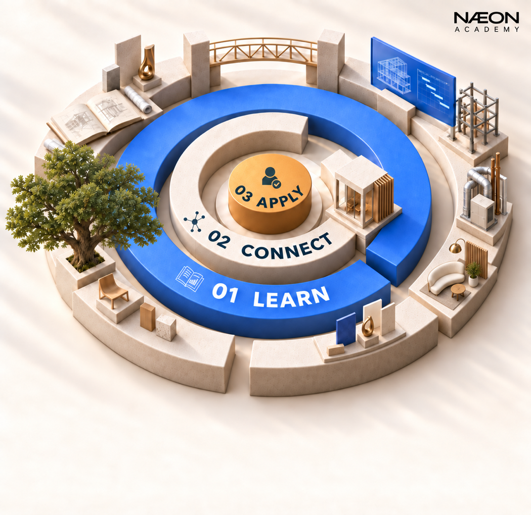 The NÆON method as an architectural model: a blue outer ring for Learn, an ivory middle ring for Connect, and a gold centre for Apply.